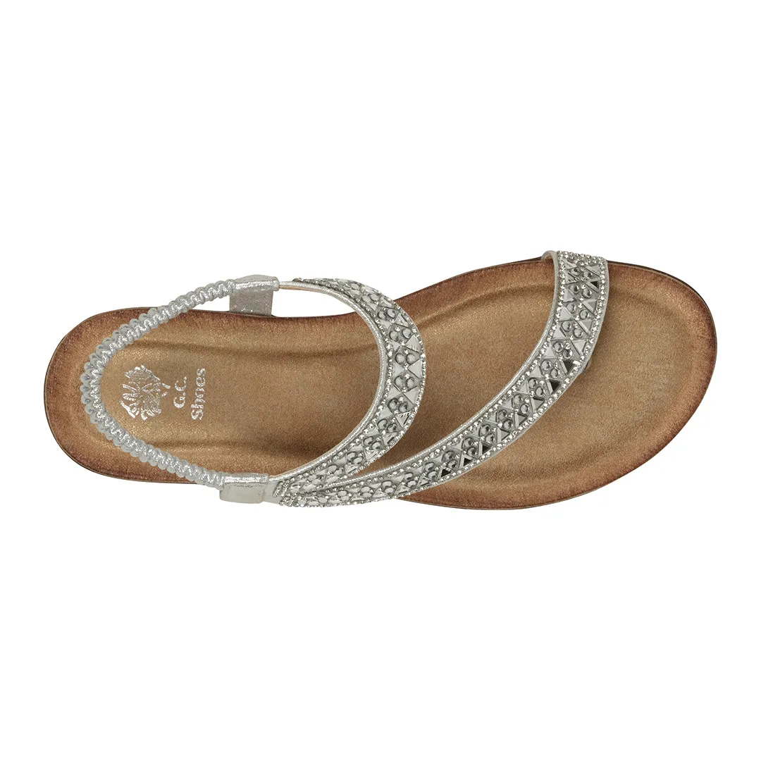 Reille Silver Jeweled Asymmetrical Slingback Flat Sandals