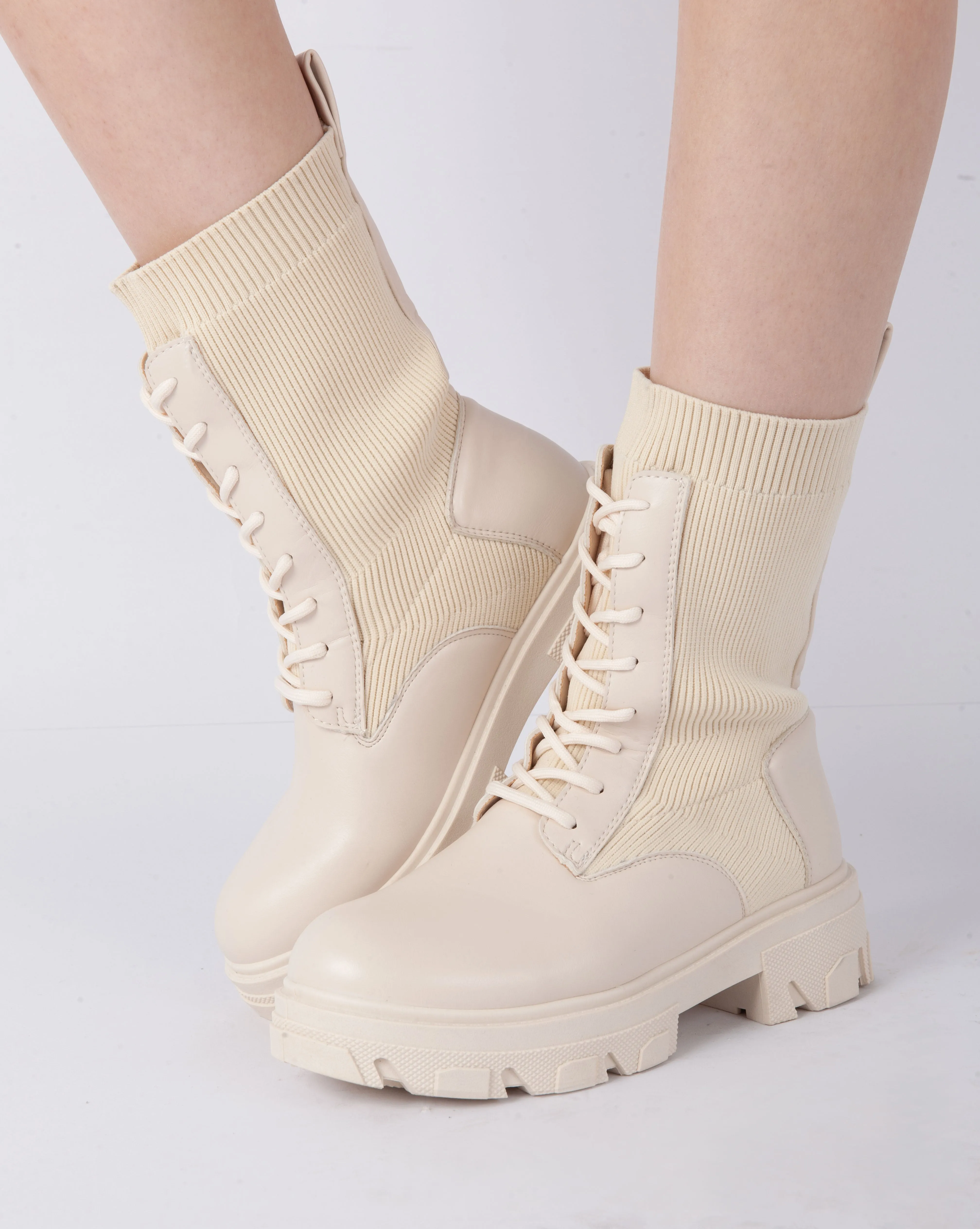 Ribbed Combat Boots - Beige