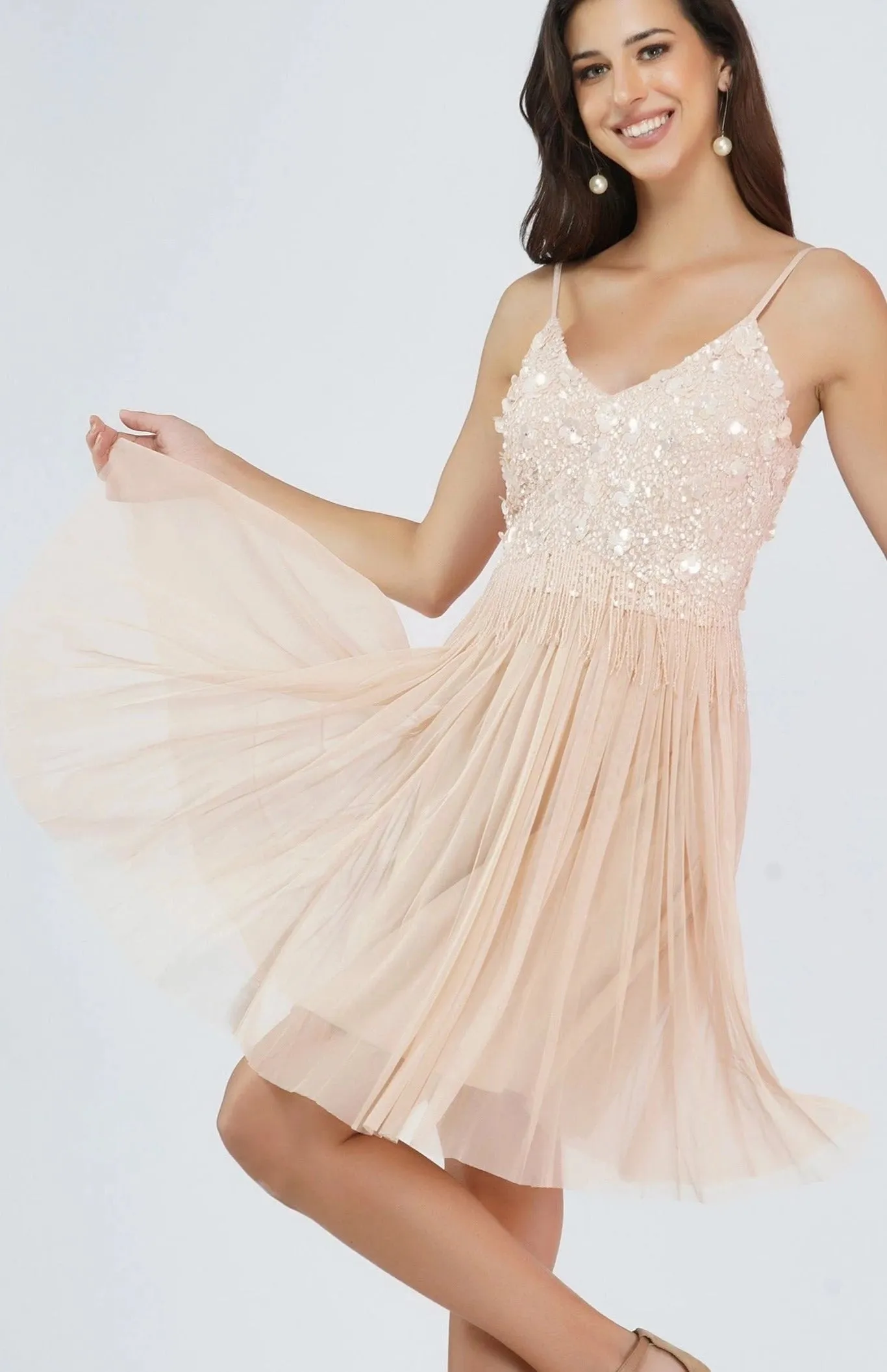 Riri Pink Tulle Beaded Mini Dress.