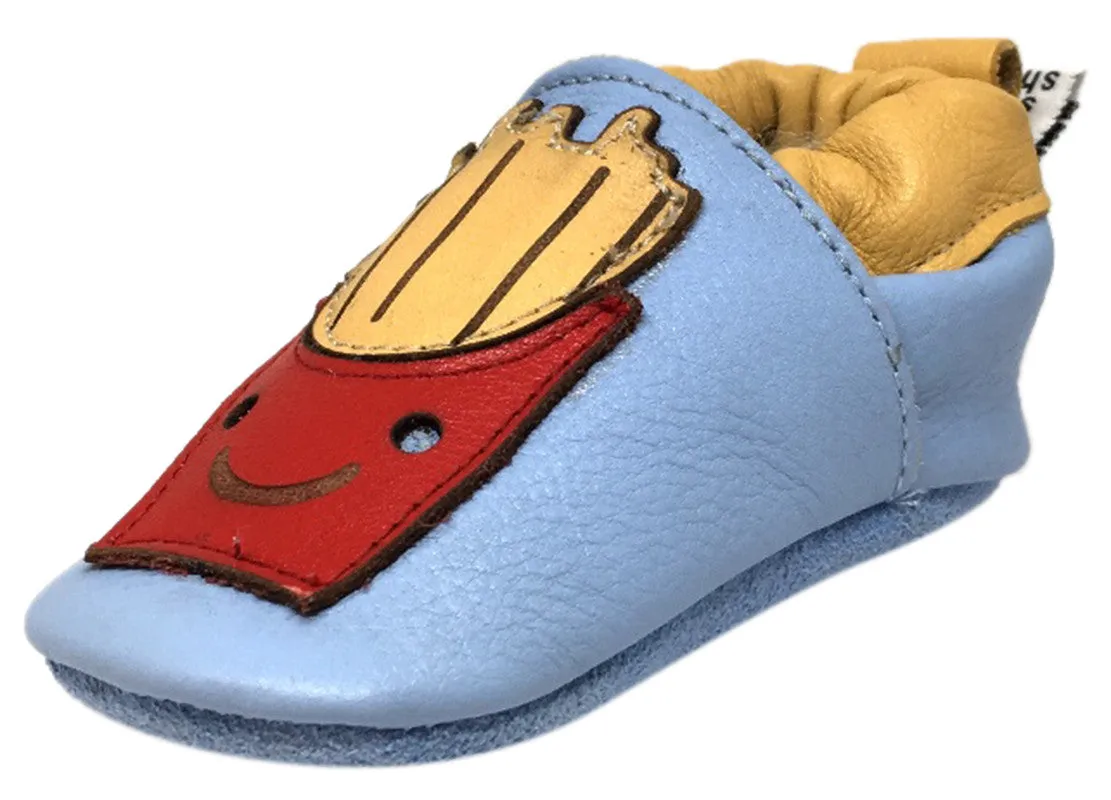 Shooshoos Boy's and Girl's McLovin Blue Soft Leather Slip On Elastic Ankle Fun French Fry Pizza Character First Walker Crib Shoe