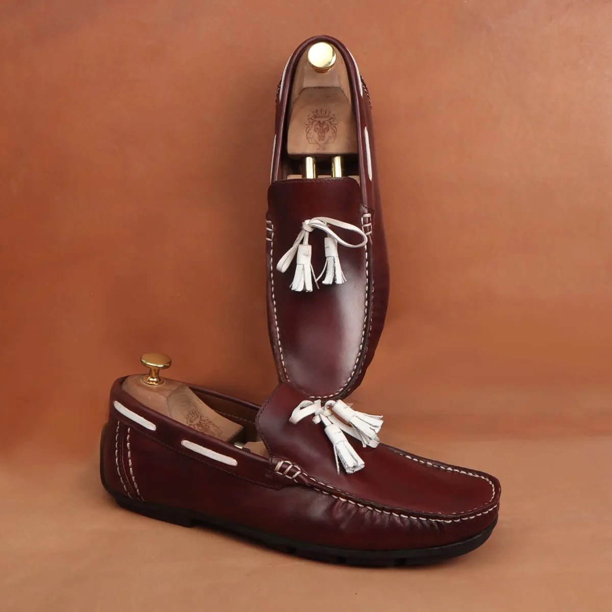 Side Lacing Tassel Bow Leather Loafers in Dark Brown Apron Toe