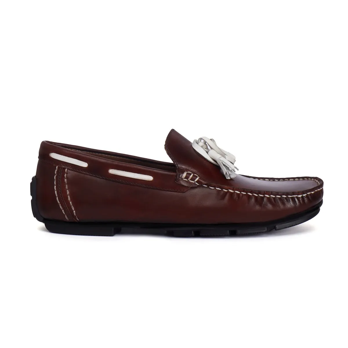 Side Lacing Tassel Bow Leather Loafers in Dark Brown Apron Toe