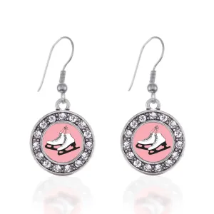 Silver Figure Skates Circle Charm Dangle Earrings