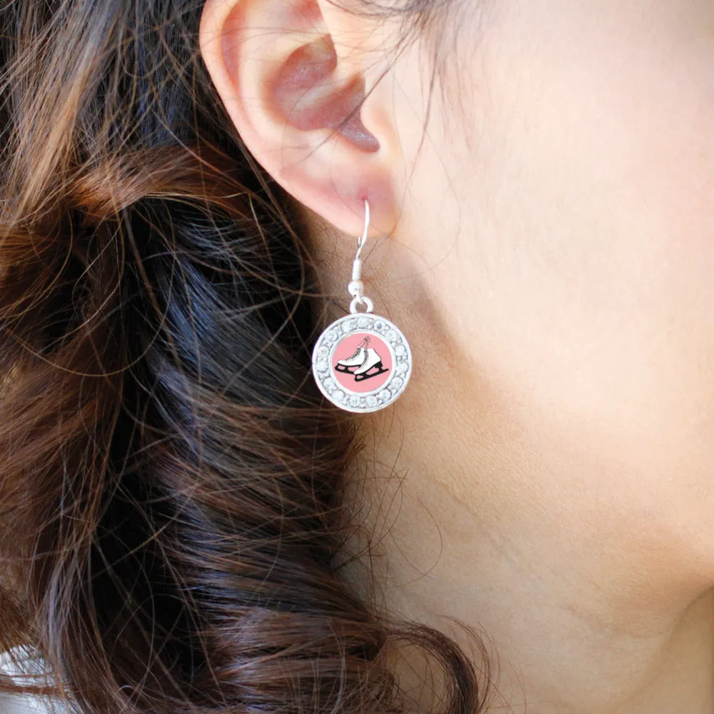 Silver Figure Skates Circle Charm Dangle Earrings