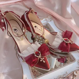 Sohiwoo Girl Lolita Handmade Stage Performance Shoes Wine Red/white Pointed Thin Heels Lo Shoes Fashion Women's High Heels Gift