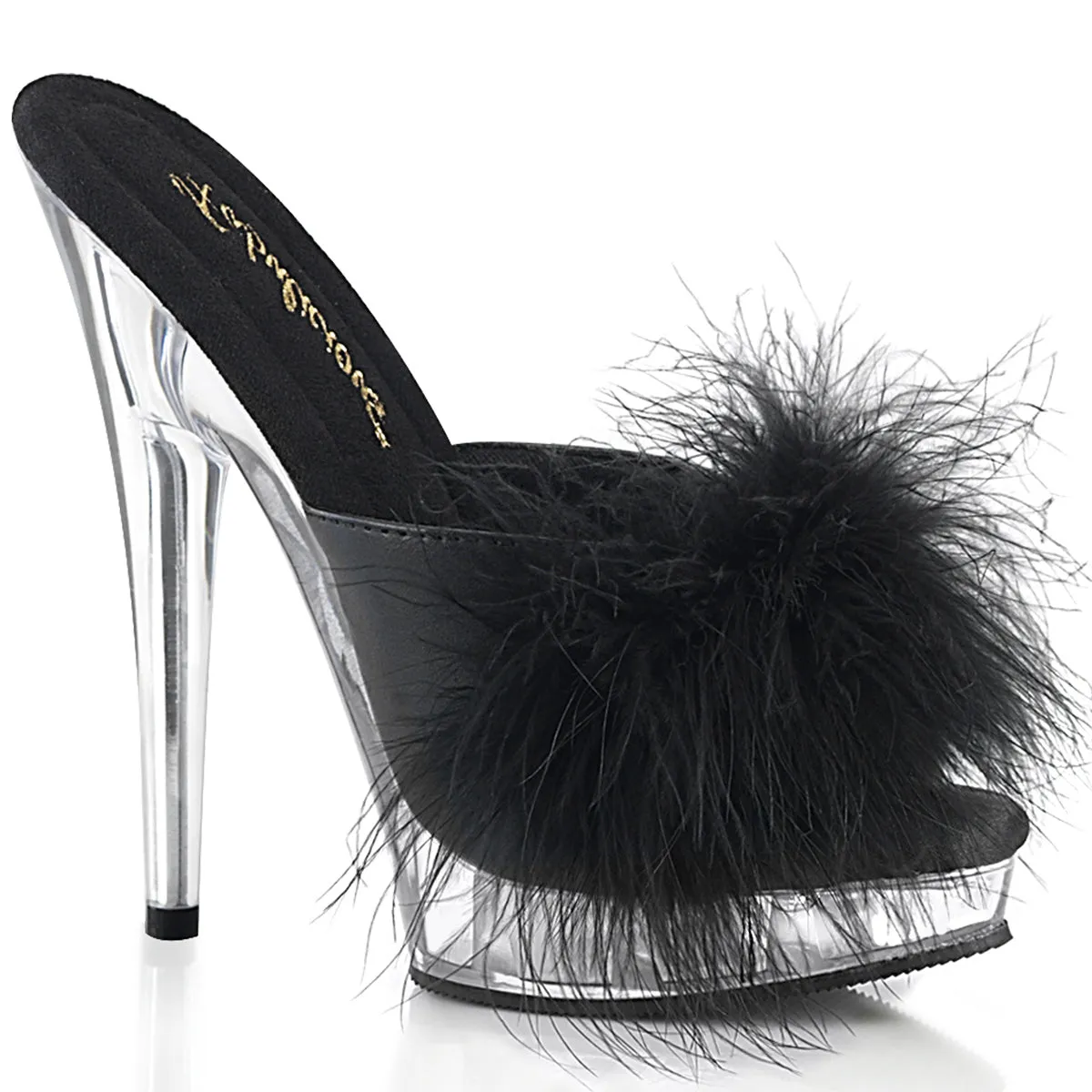 Sultry-601F Black Pu-Marabou Fur/Clear, 6" Heel