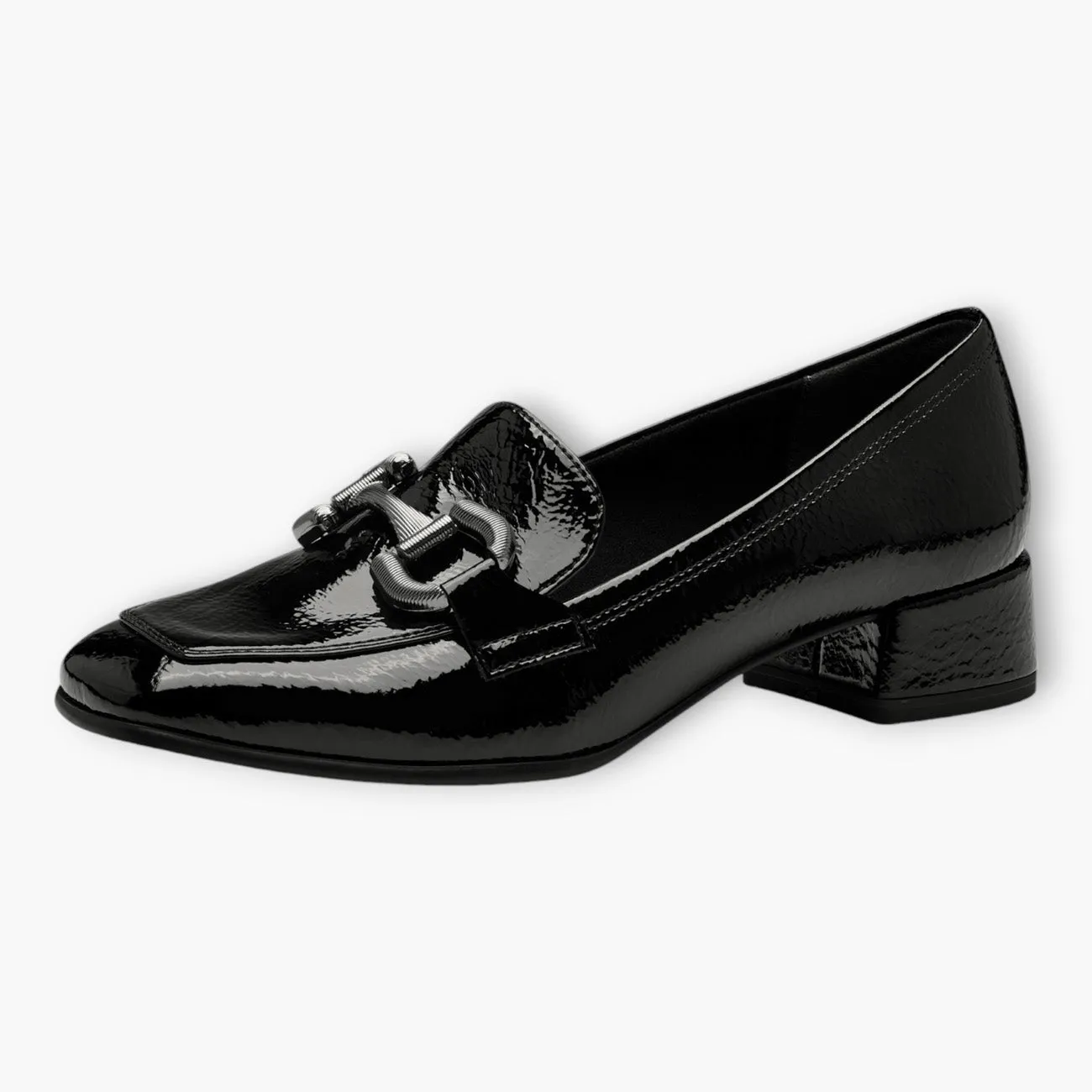 Tamaris Black Patent Loafers with Block Heel and Silver Chain Detail