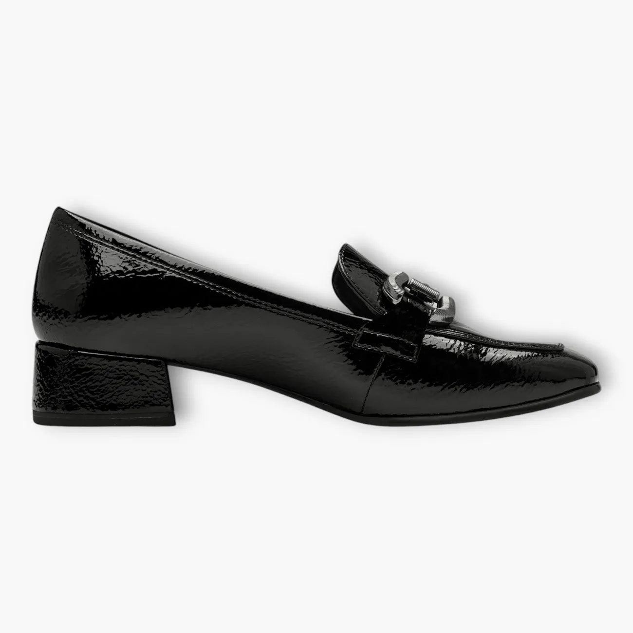 Tamaris Black Patent Loafers with Block Heel and Silver Chain Detail