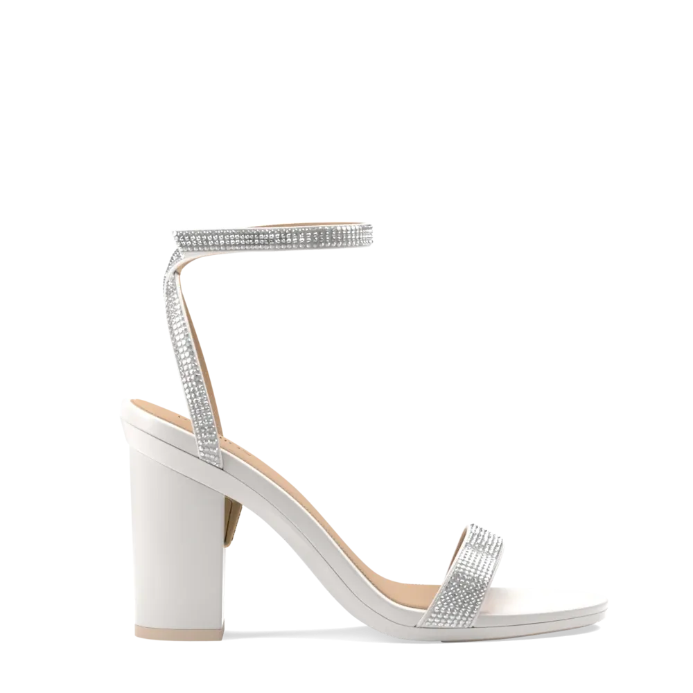 The Brenna White Leather Rhinestone   Block Heel Kit 4 White