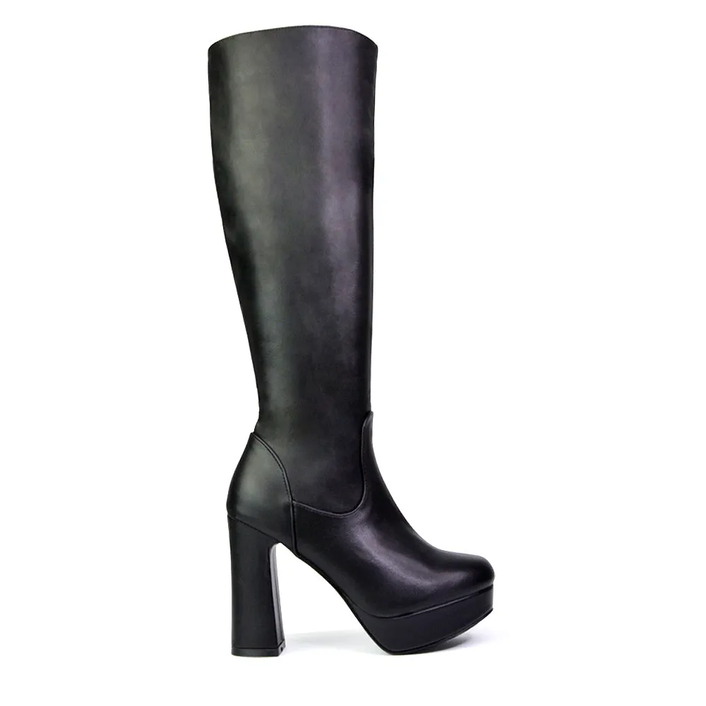 Theo Super Chunky Block High Heel Platform Knee High Boots For Winter in White Synthetic Leather