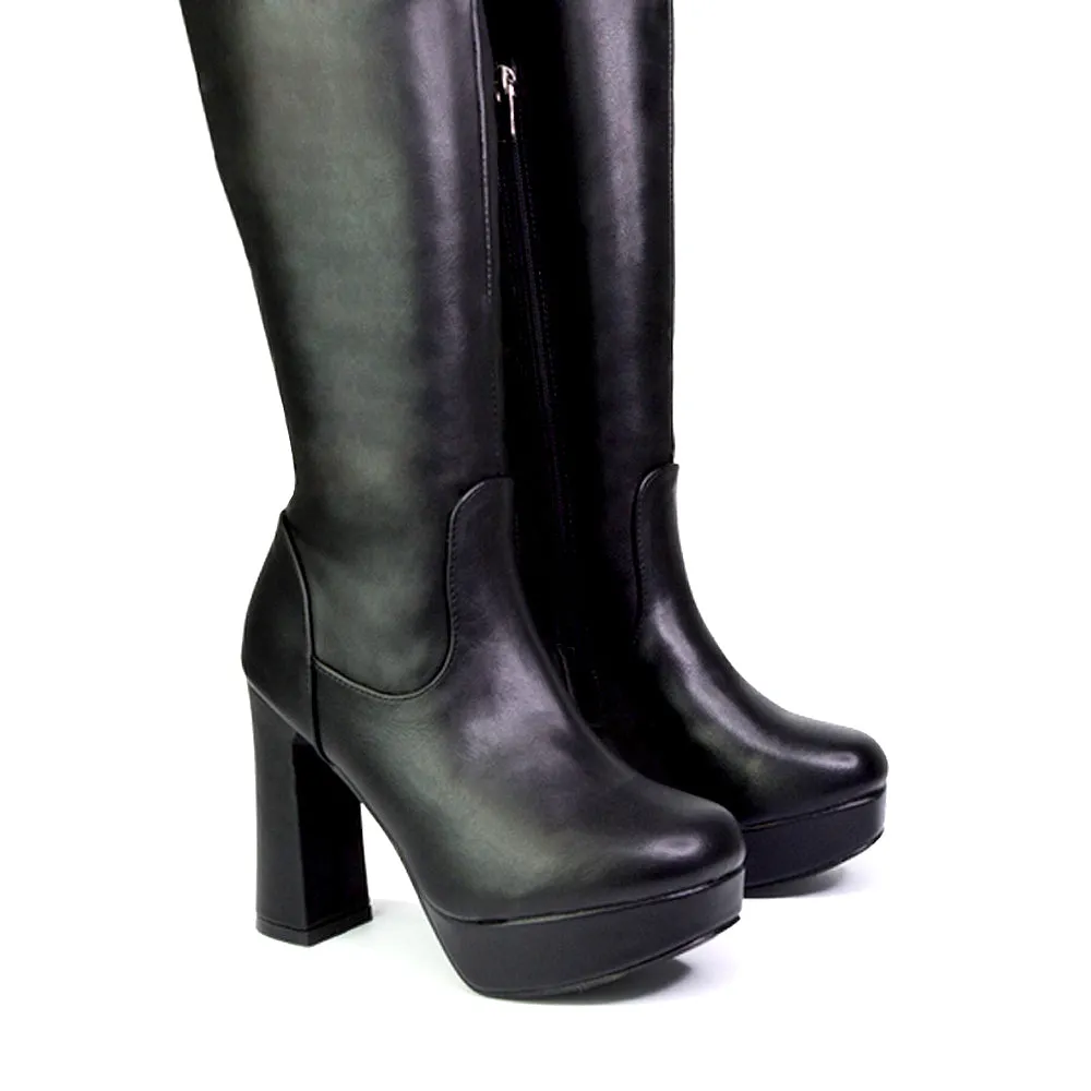 Theo Super Chunky Block High Heel Platform Knee High Boots For Winter in White Synthetic Leather