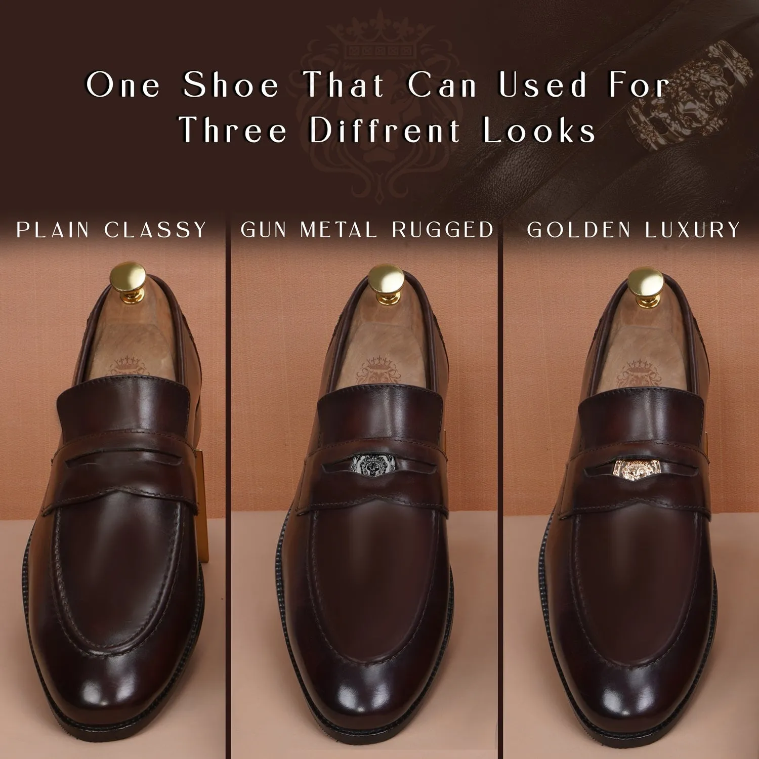 Trademark Lion Logo Penny Loafers in Dark Brown Leather