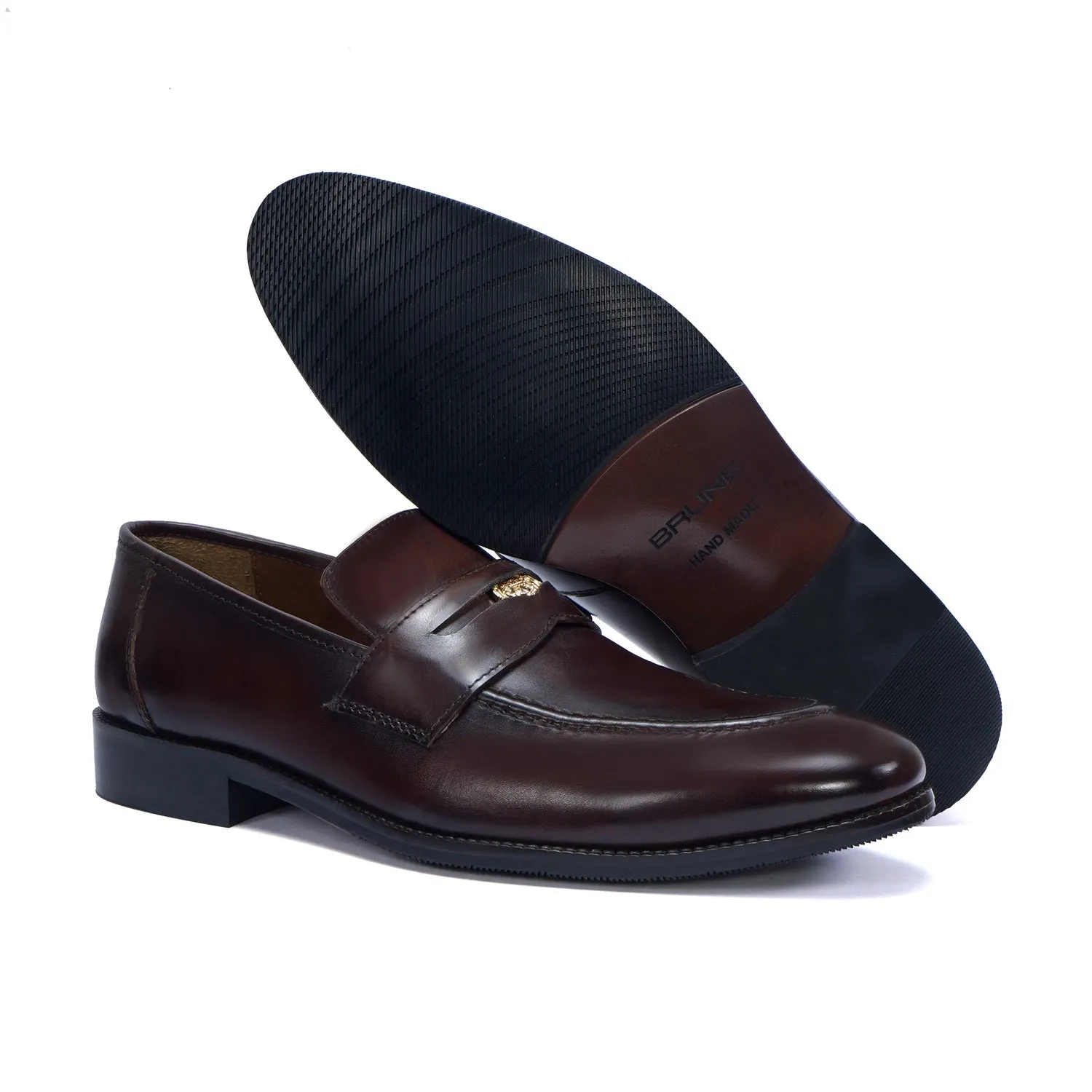 Trademark Lion Logo Penny Loafers in Dark Brown Leather