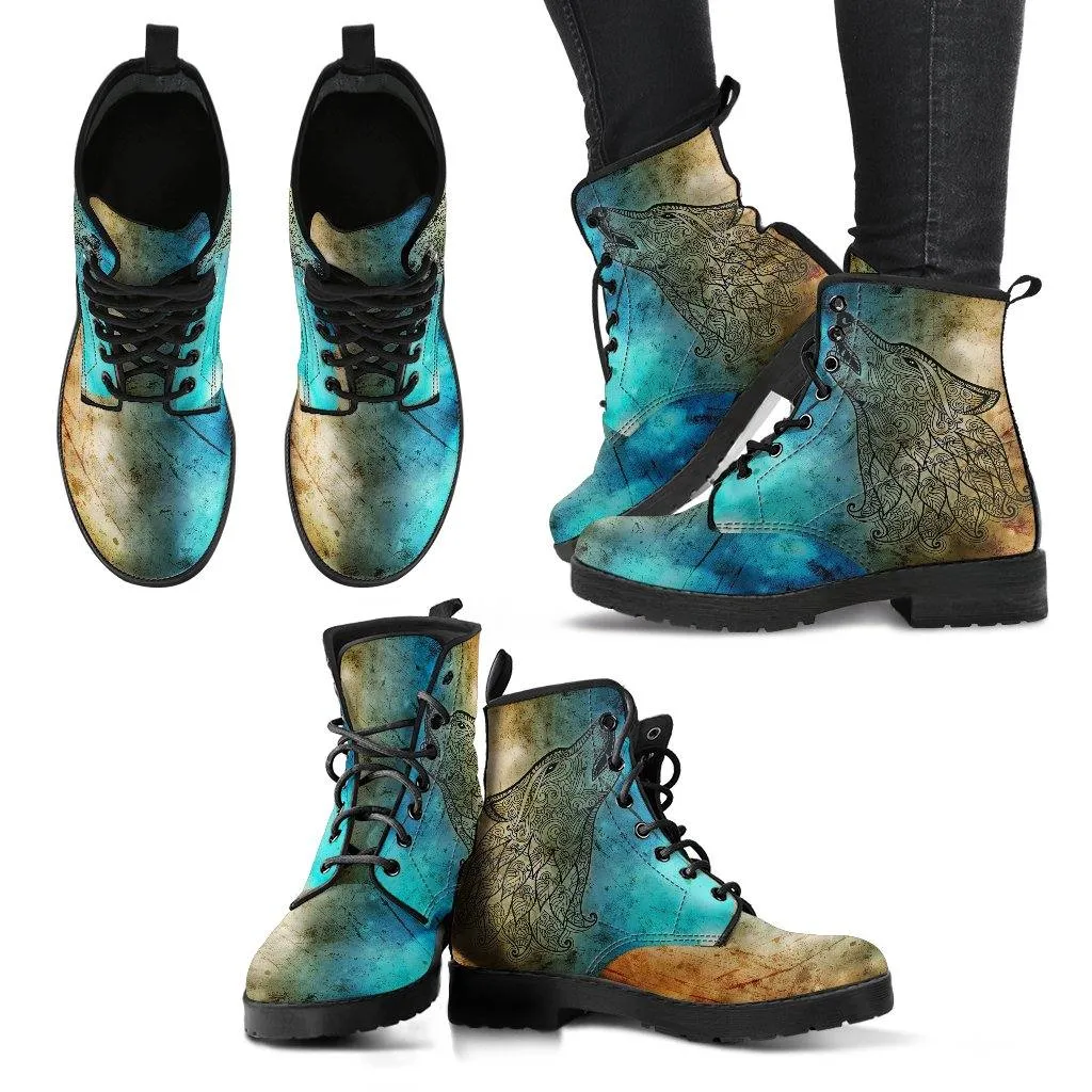 Tribal Wolf  Memory Foam Boots | All Season Lace Up Boots | Vegan Leather Combat Boot by Manifestie