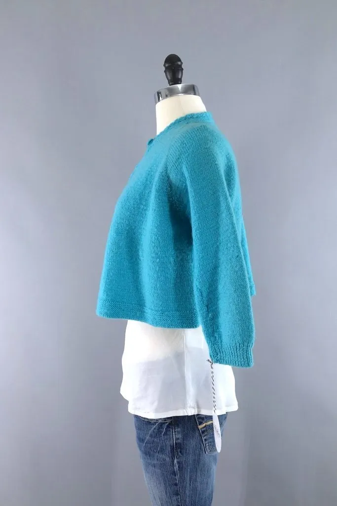 Vintage Aqua Blue Wool Cropped Cardigan Sweater