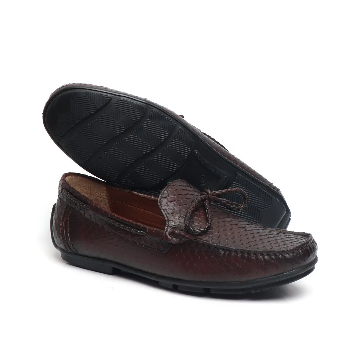 Weaved Tassel Bow Loafers in Dark Brown Snake Scales Textured Leather