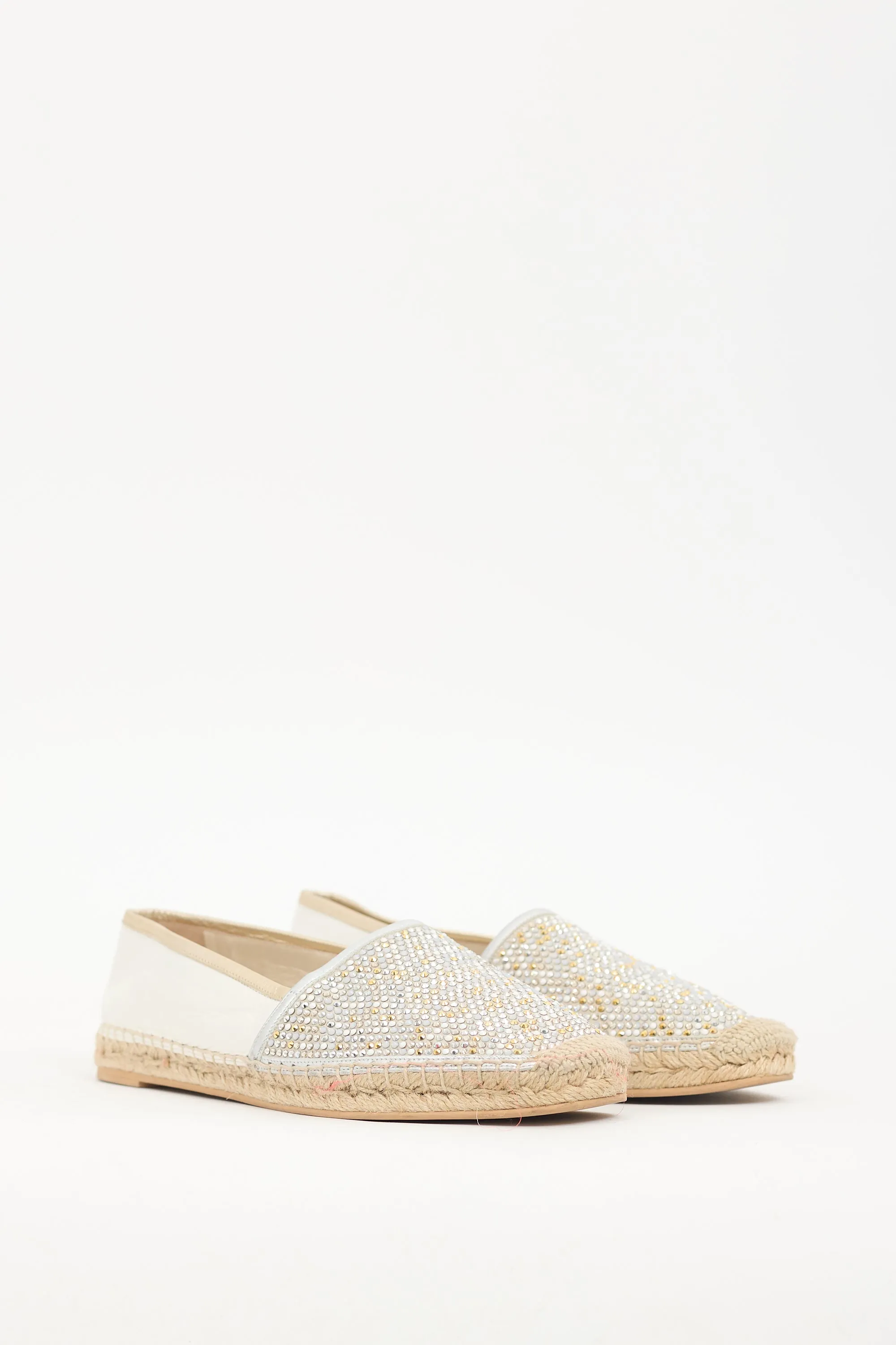 White Leather Crystal Embellished Flat