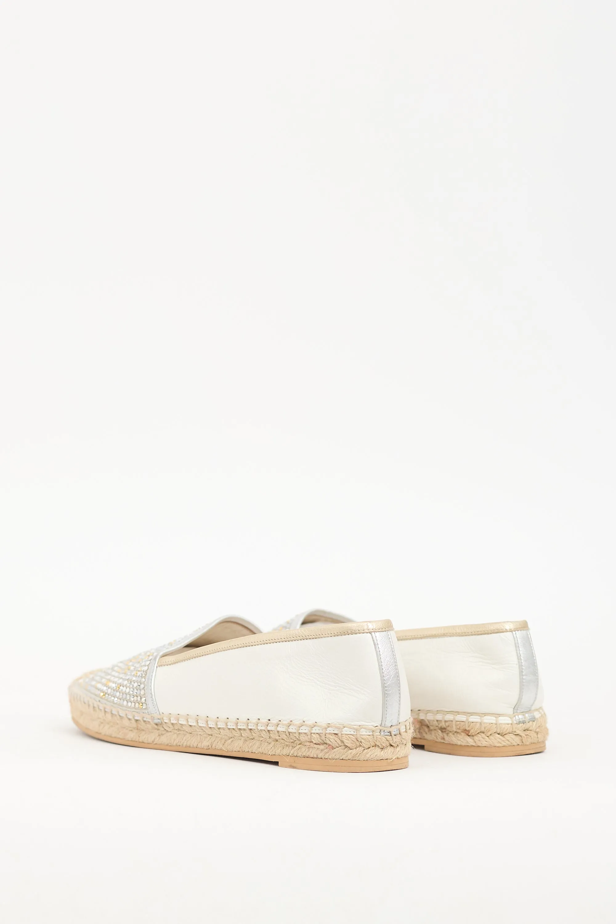 White Leather Crystal Embellished Flat