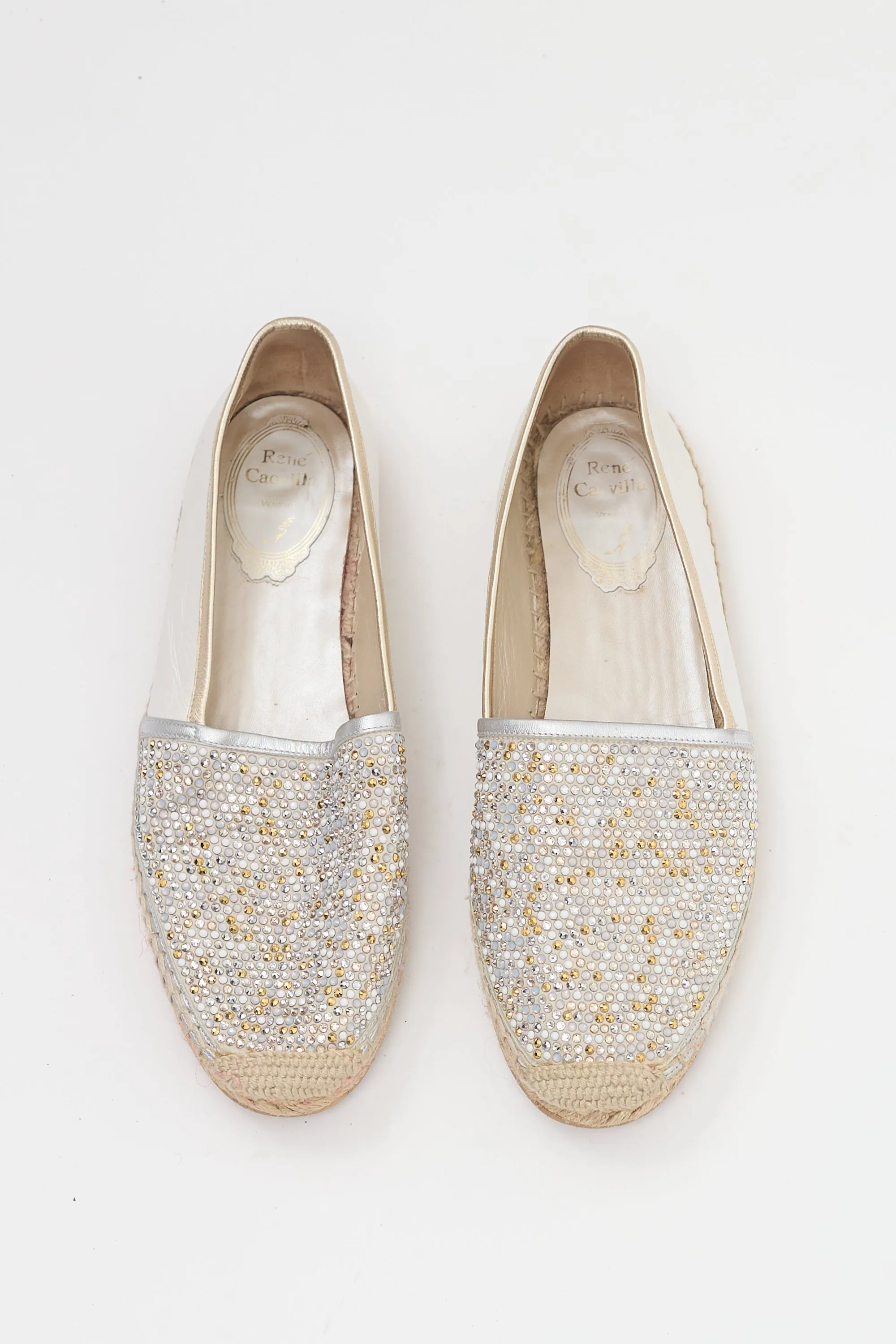 White Leather Crystal Embellished Flat