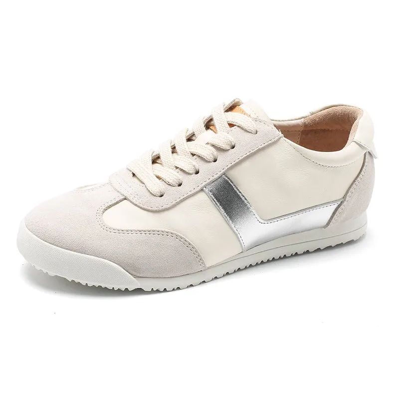 White Shoes for Women Army Trainer Leather Sneakers - Beige/Pink