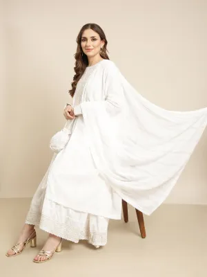 Women Anarkali Off White Floral Kurta and Trousers Set Comes With Dupatta and Potli Bag