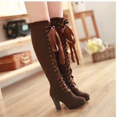 Women criss cross lace up round toe chunky knee high boots