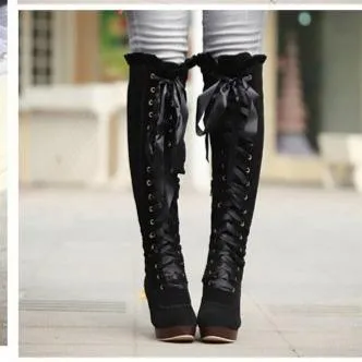 Women criss cross lace up round toe chunky knee high boots