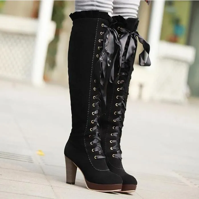 Women criss cross lace up round toe chunky knee high boots