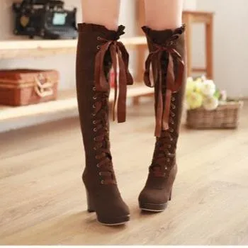 Women criss cross lace up round toe chunky knee high boots