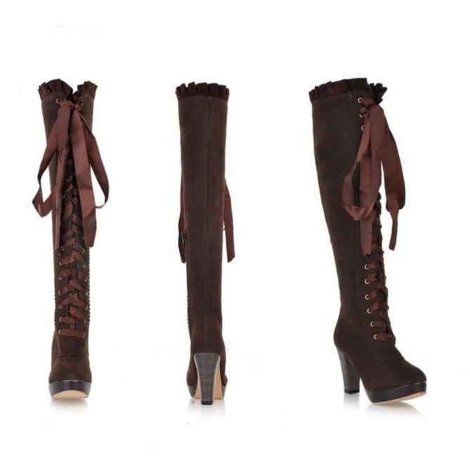 Women criss cross lace up round toe chunky knee high boots