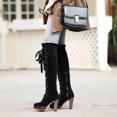 Women criss cross lace up round toe chunky knee high boots