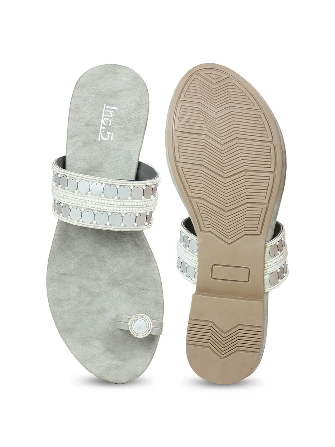 Women Grey Embellished One Toe Flats