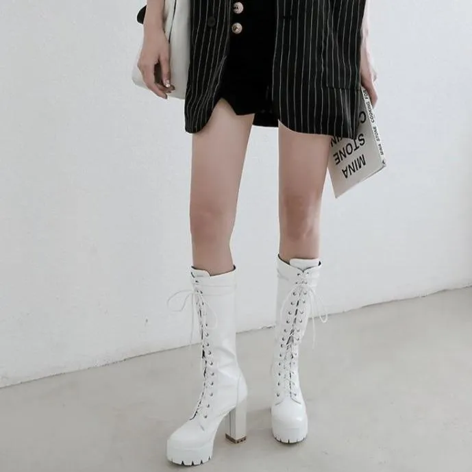 Women knee high chunky heel platform lace up boots