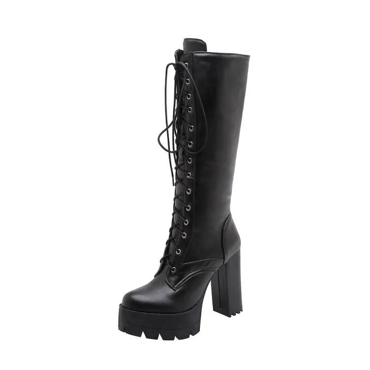 Women knee high chunky heel platform lace up boots