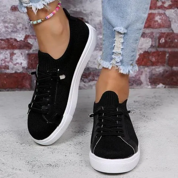 Women knit solid color white flat heel lace slip on sneaker