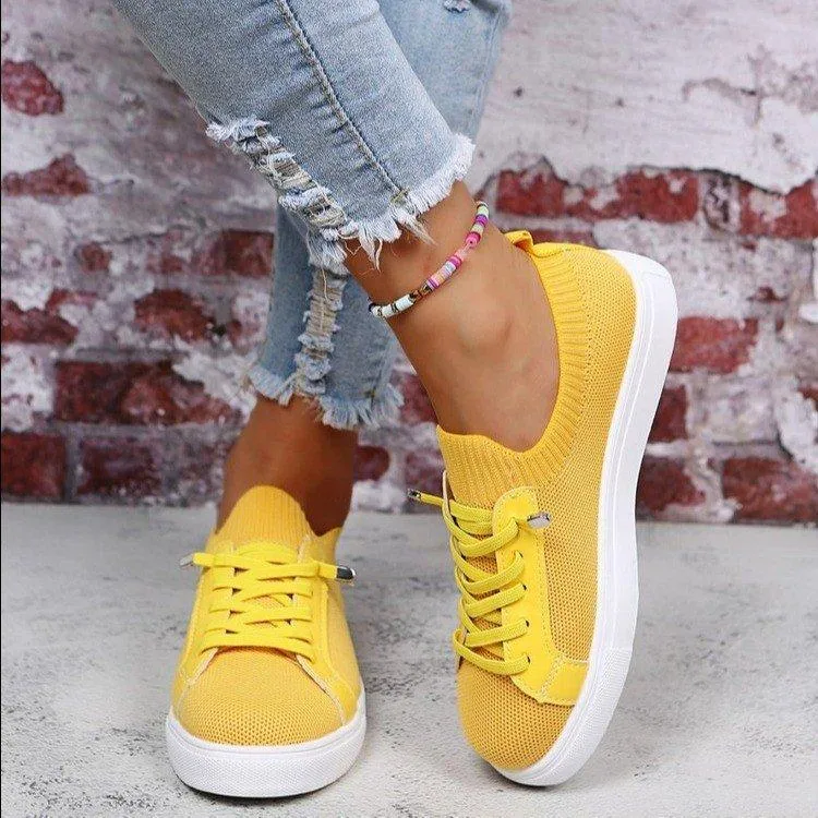 Women knit solid color white flat heel lace slip on sneaker