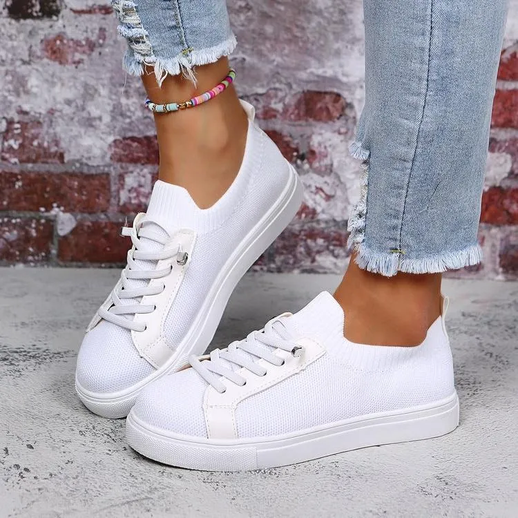 Women knit solid color white flat heel lace slip on sneaker