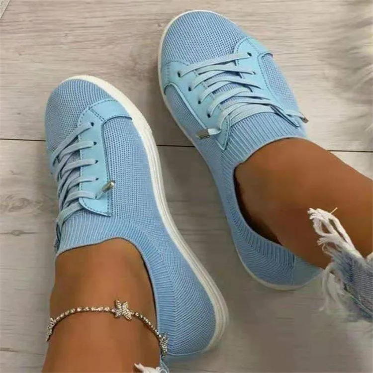 Women knit solid color white flat heel lace slip on sneaker