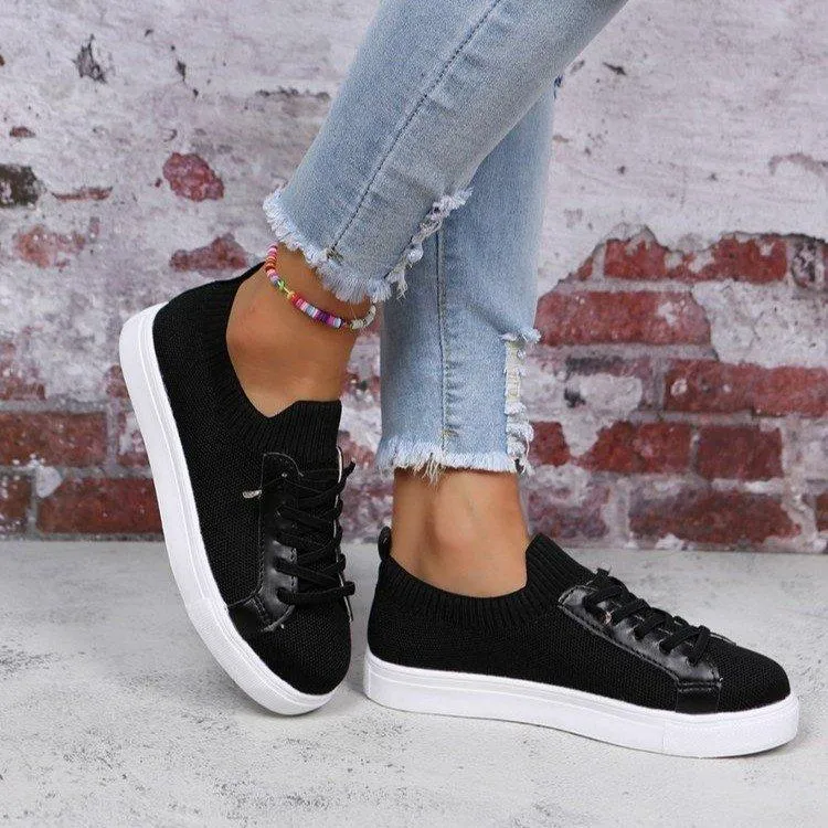 Women knit solid color white flat heel lace slip on sneaker