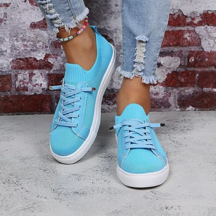 Women knit solid color white flat heel lace slip on sneaker