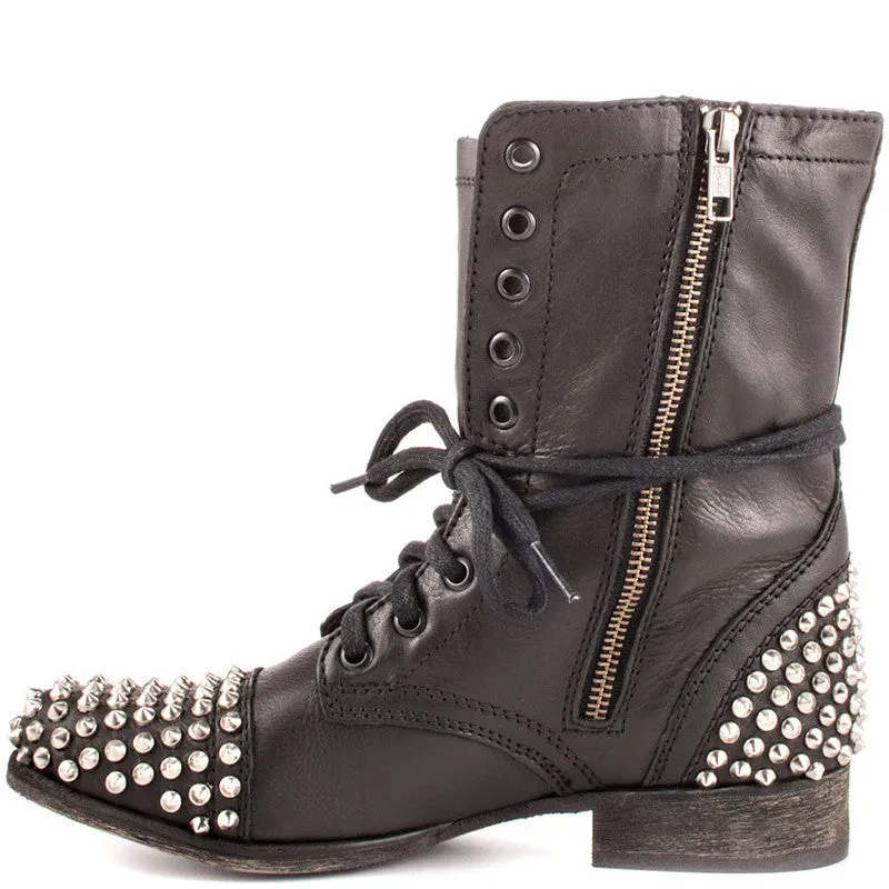 Women lace up boots | Studded chunky low heel high cut black combat boots