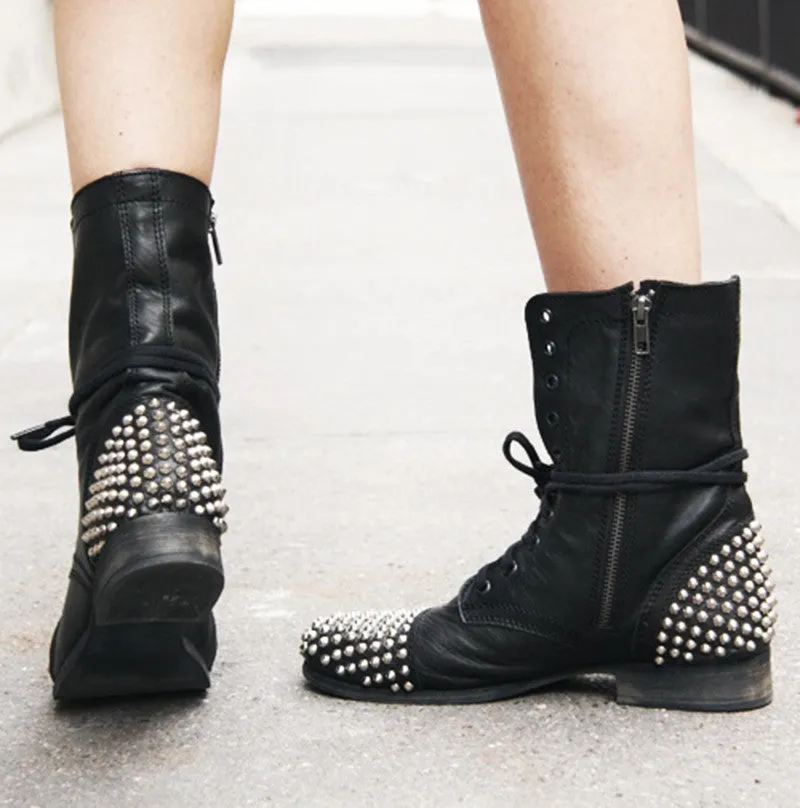 Women lace up boots | Studded chunky low heel high cut black combat boots