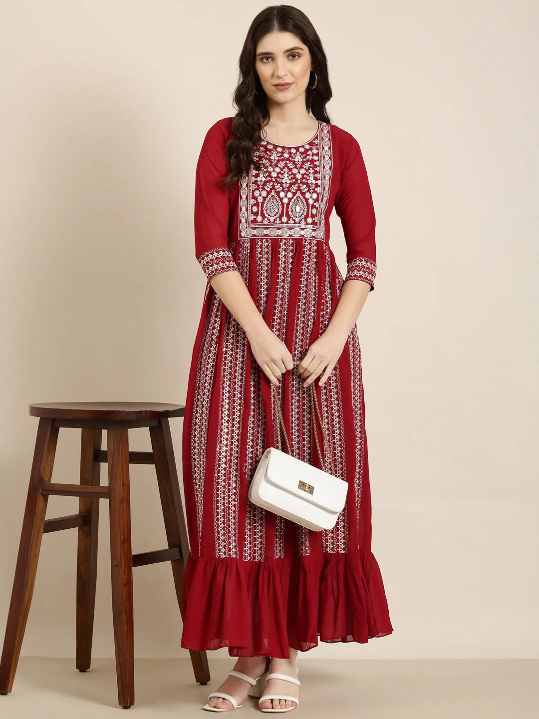 Women Maroon Embellished Anarkali Kurta