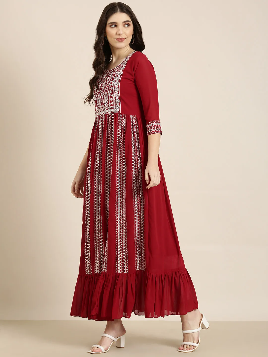 Women Maroon Embellished Anarkali Kurta