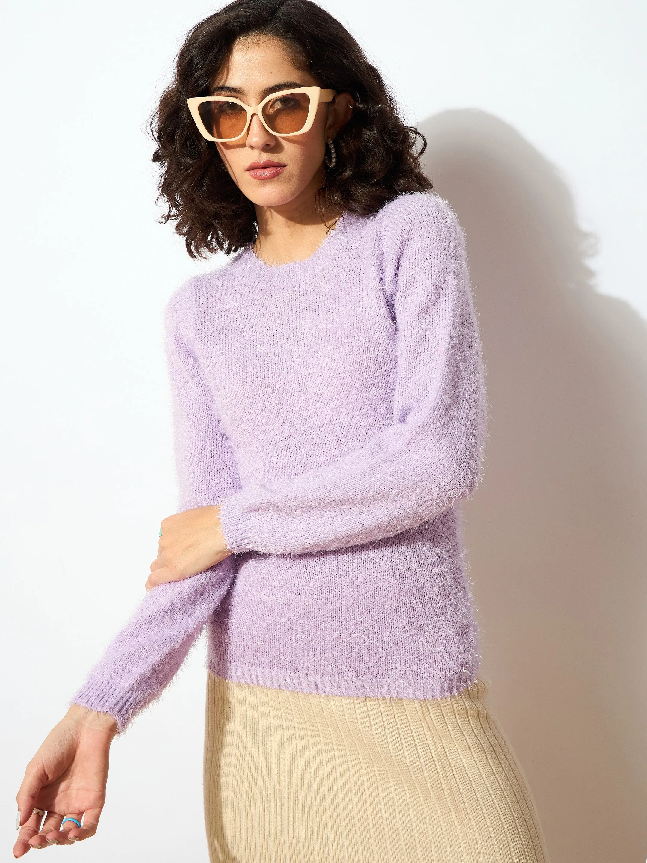 Women Purple Round Neck Hairy Fur Pullover Sweater