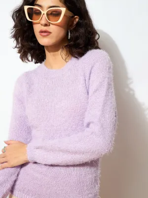 Women Purple Round Neck Hairy Fur Pullover Sweater