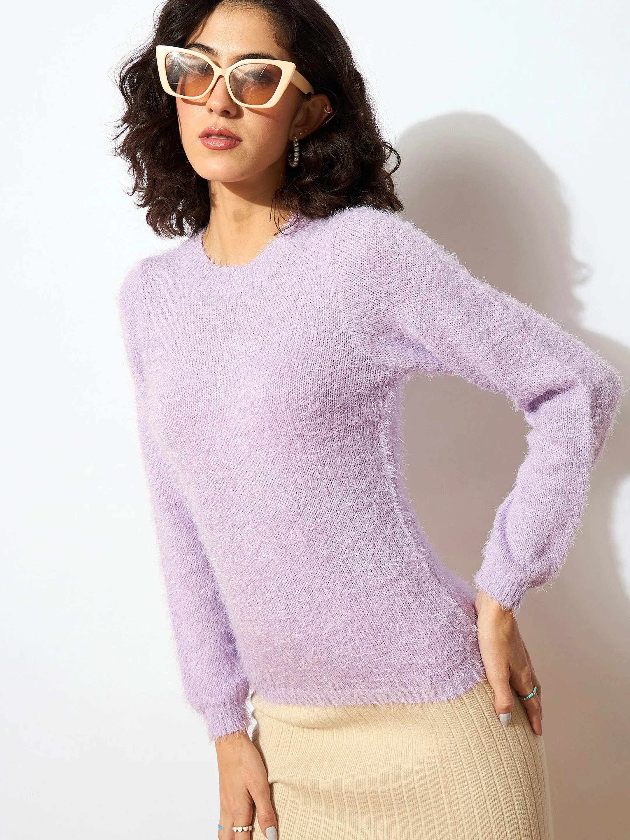 Women Purple Round Neck Hairy Fur Pullover Sweater