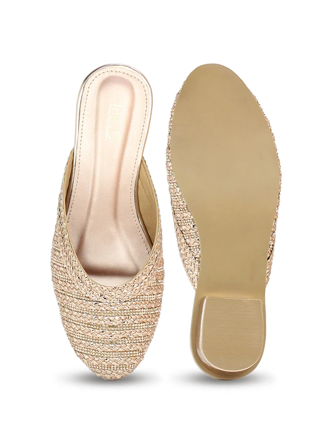 Women Rose Gold Embellished Ethnic Mules Flats