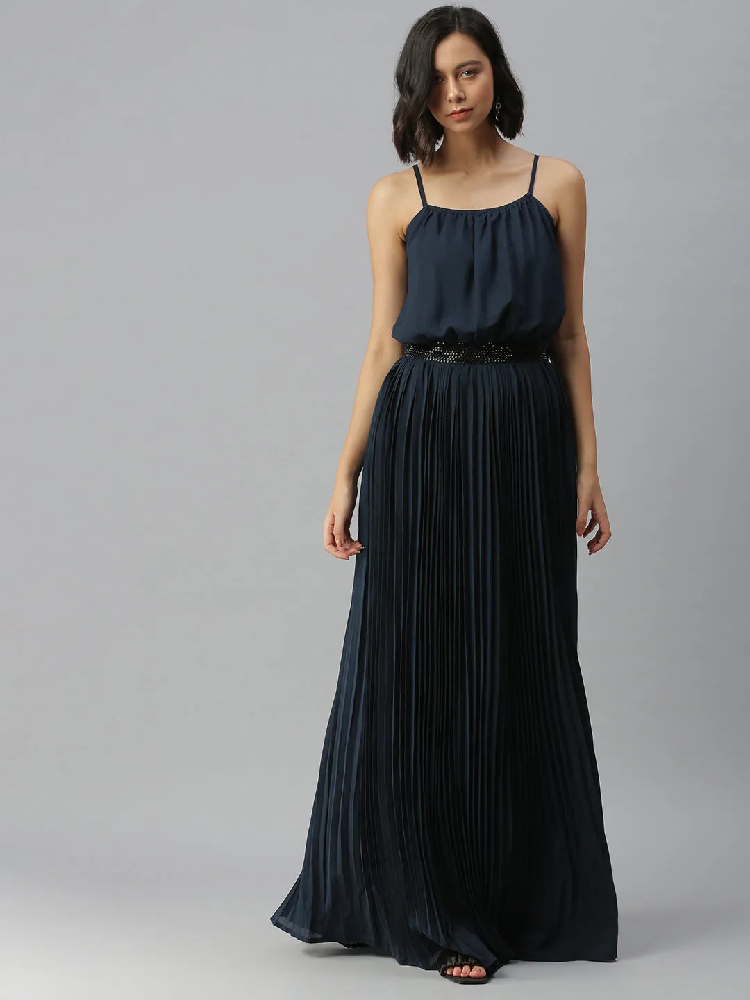 Women Shoulder Straps Embellished Maxi Navy Blue Dress