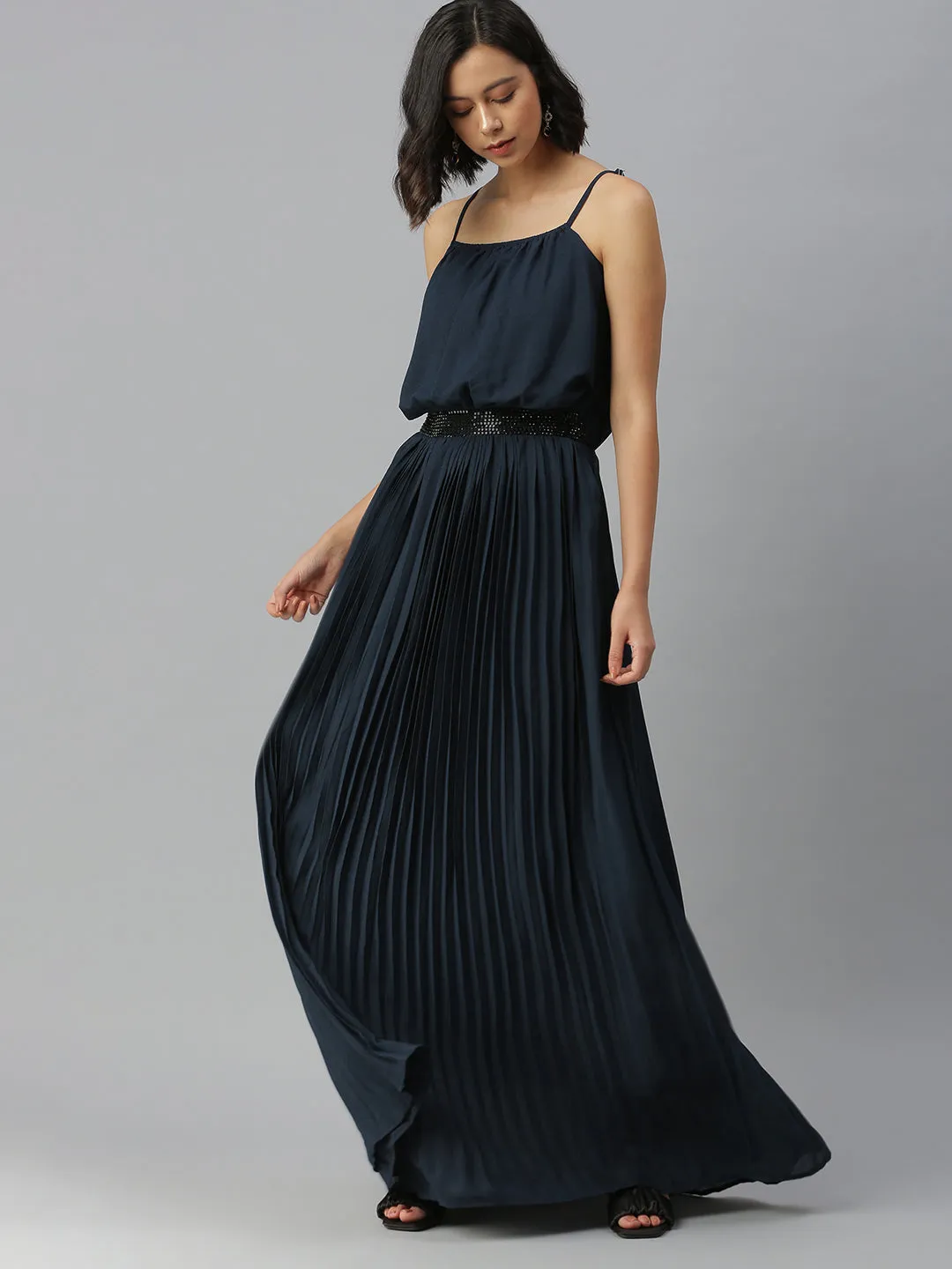 Women Shoulder Straps Embellished Maxi Navy Blue Dress